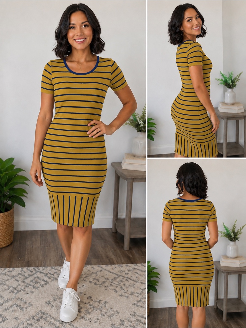 LuLaRoe Mustard Yellow and Blue Striped Midi Dress